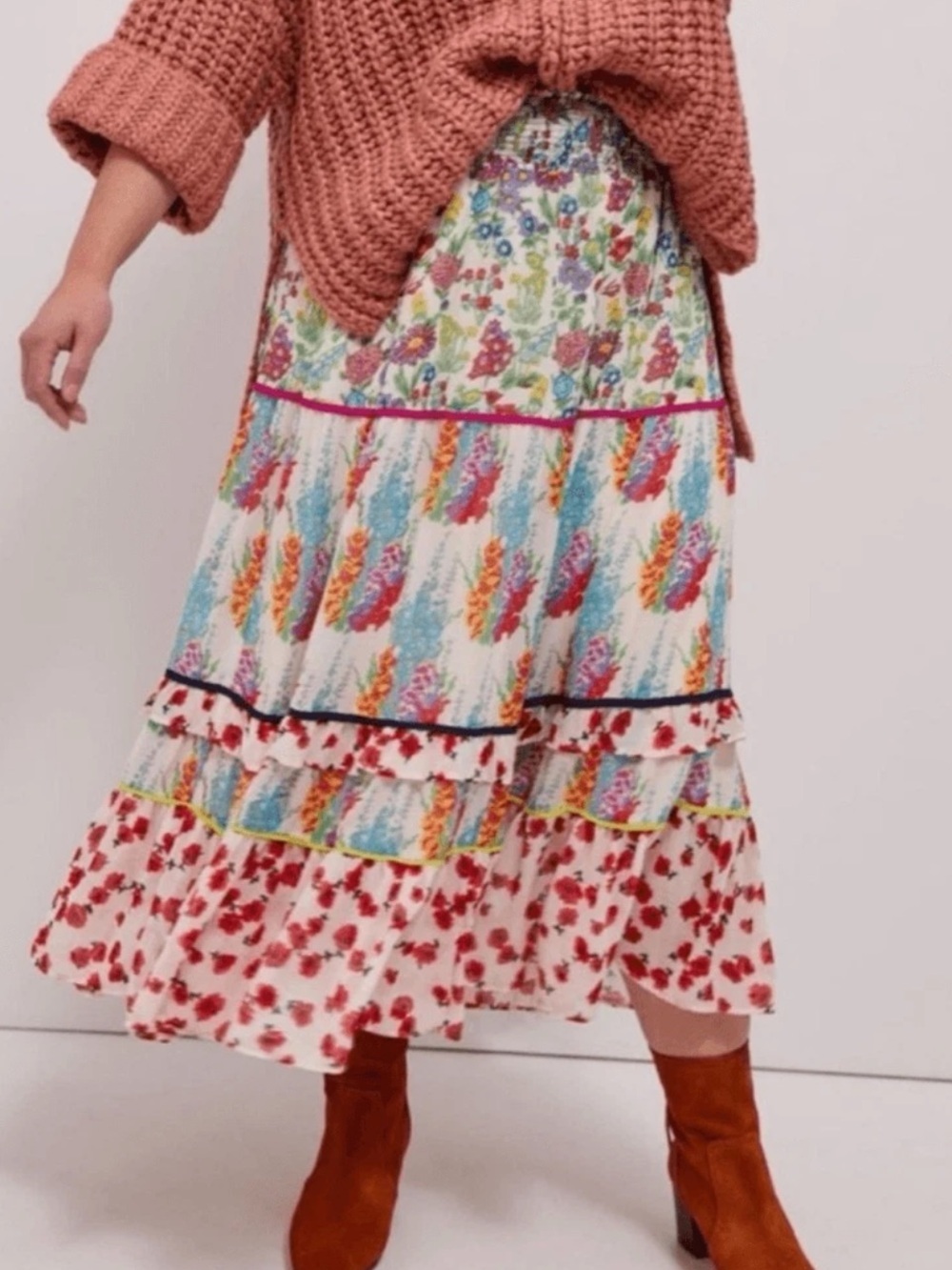 Anthropologie Lorraine Multicolor Tiered Maxi Skirt Floral Mixed Media Sz 2X